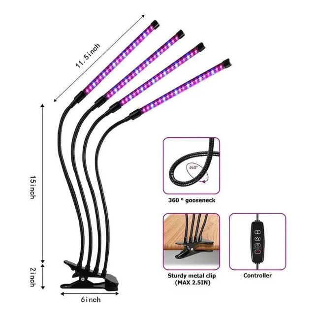 Lámpara LED de Cultivo para Plantas de Interior 4 Cabezales Ajustables USB | Crecimiento, Floración y Huertos Indoor