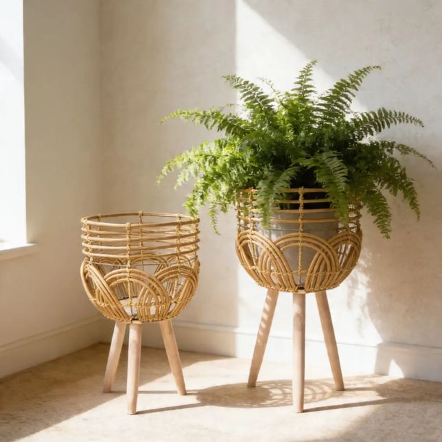 Portamacetero de Mimbre con Patas de Madera | Decoración Natural para Plantas