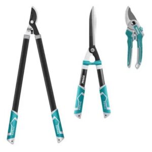 Kit Profesional de Poda 3 Piezas TOTAL® | Tijera de Mano, Cortasetos y Podadora de Altura