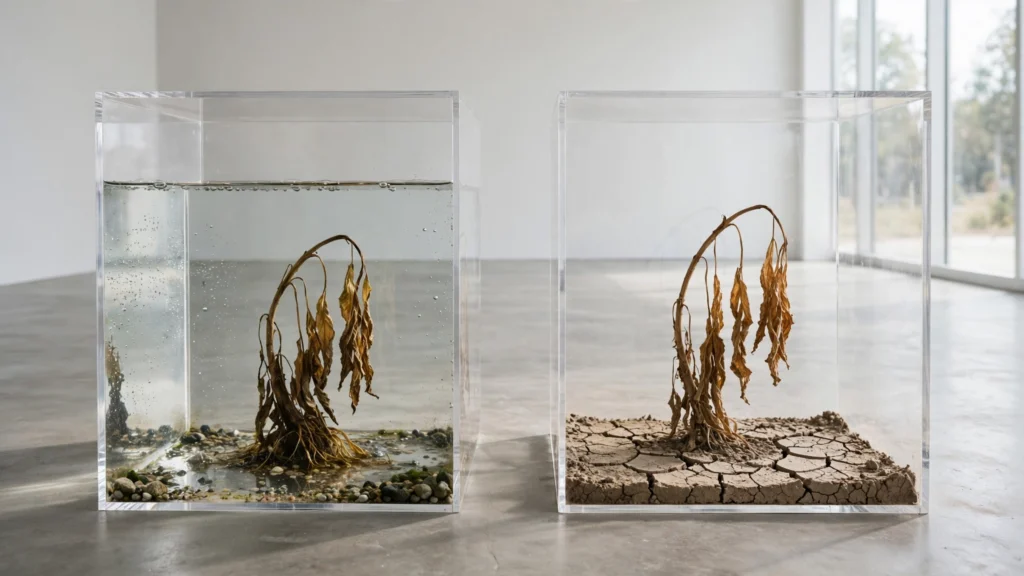 Dos plantas marchitas comparan el exceso de riego con la falta de agua.