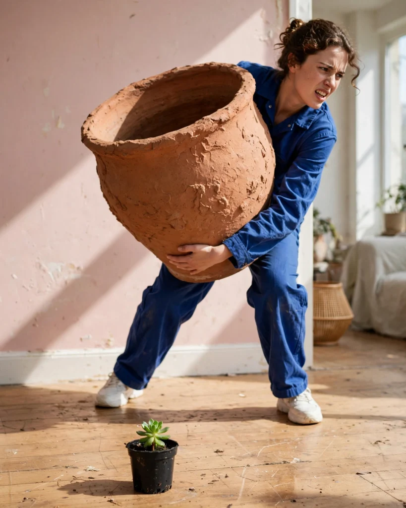 Persona cargando una maceta enorme junto a una planta pequeña, representación del exceso de tamaño de maceta.